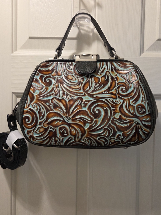 Patricia Nash Handbags - Patricia Nash Brown & Turquoise Floral Tooled Satchel